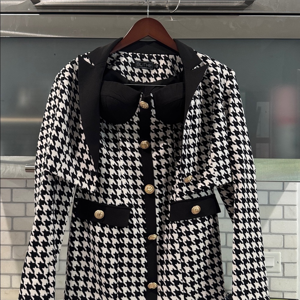Blithe Los Angeles Houndstooth Gold Lion Button Blazer & Corset Dress Set S